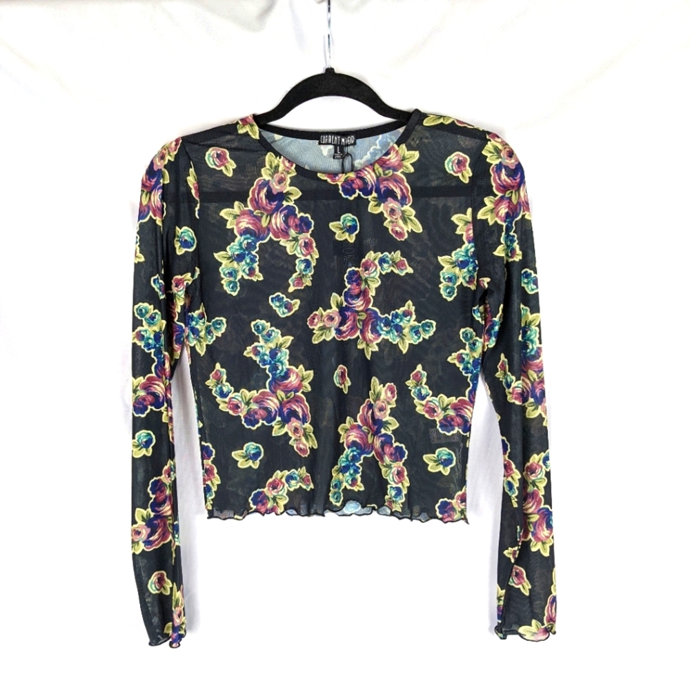 Current Mood Black Floral Mesh Long Sleeve Top s L
